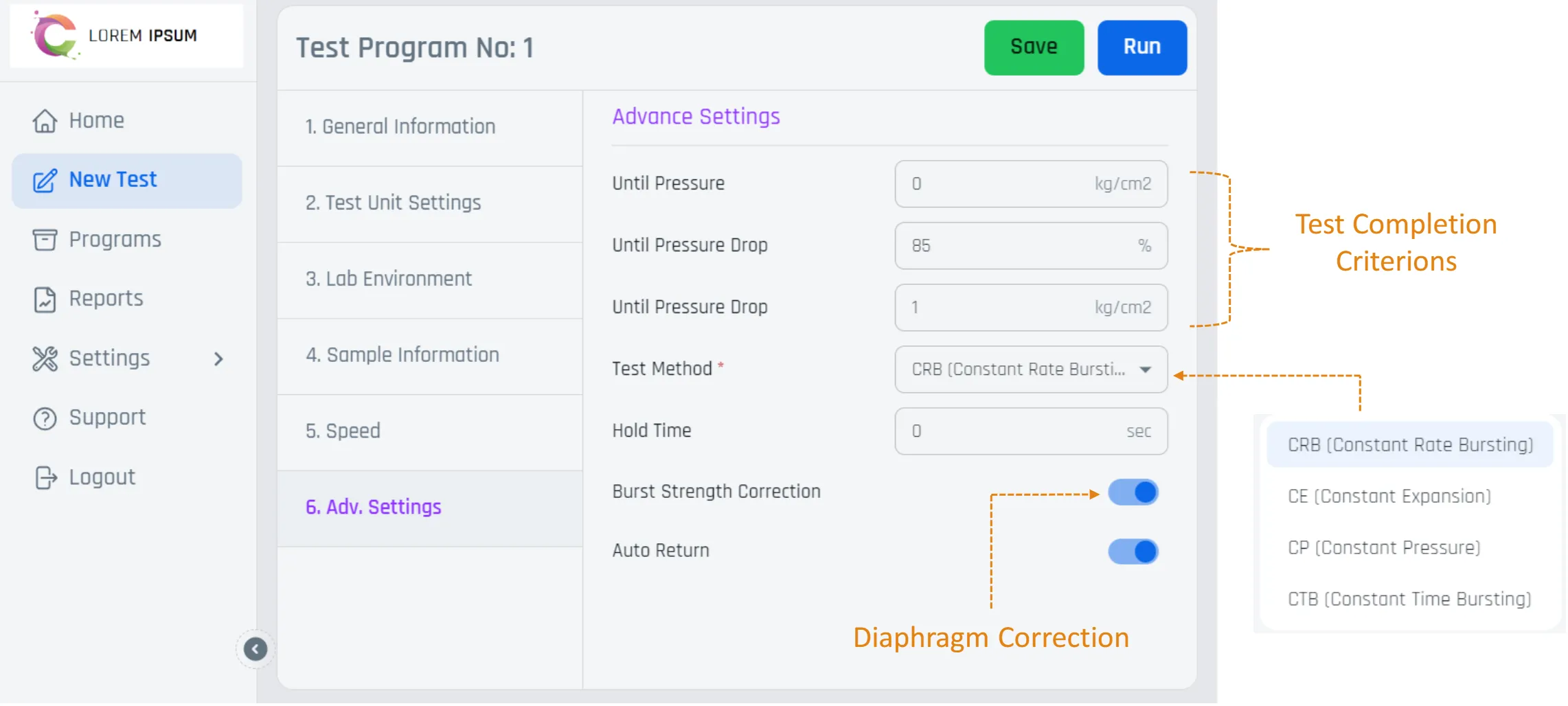 Advanced settings of a burst test program, with stop conditions, test method selection and diaphragm correction