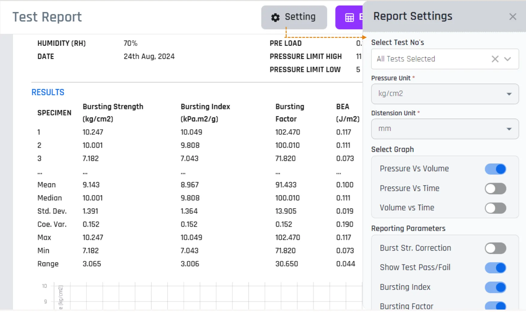 Burst test report with bursting strength, index, factor and BEA per specimen, statistics and report settings panel