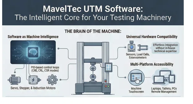 How MavelTec UTM software connects to the machine: PID control of servo, stepper and induction motors, sensors, load cells and extensometers, and access from the machine touchscreen, laptops, tablets and PCs