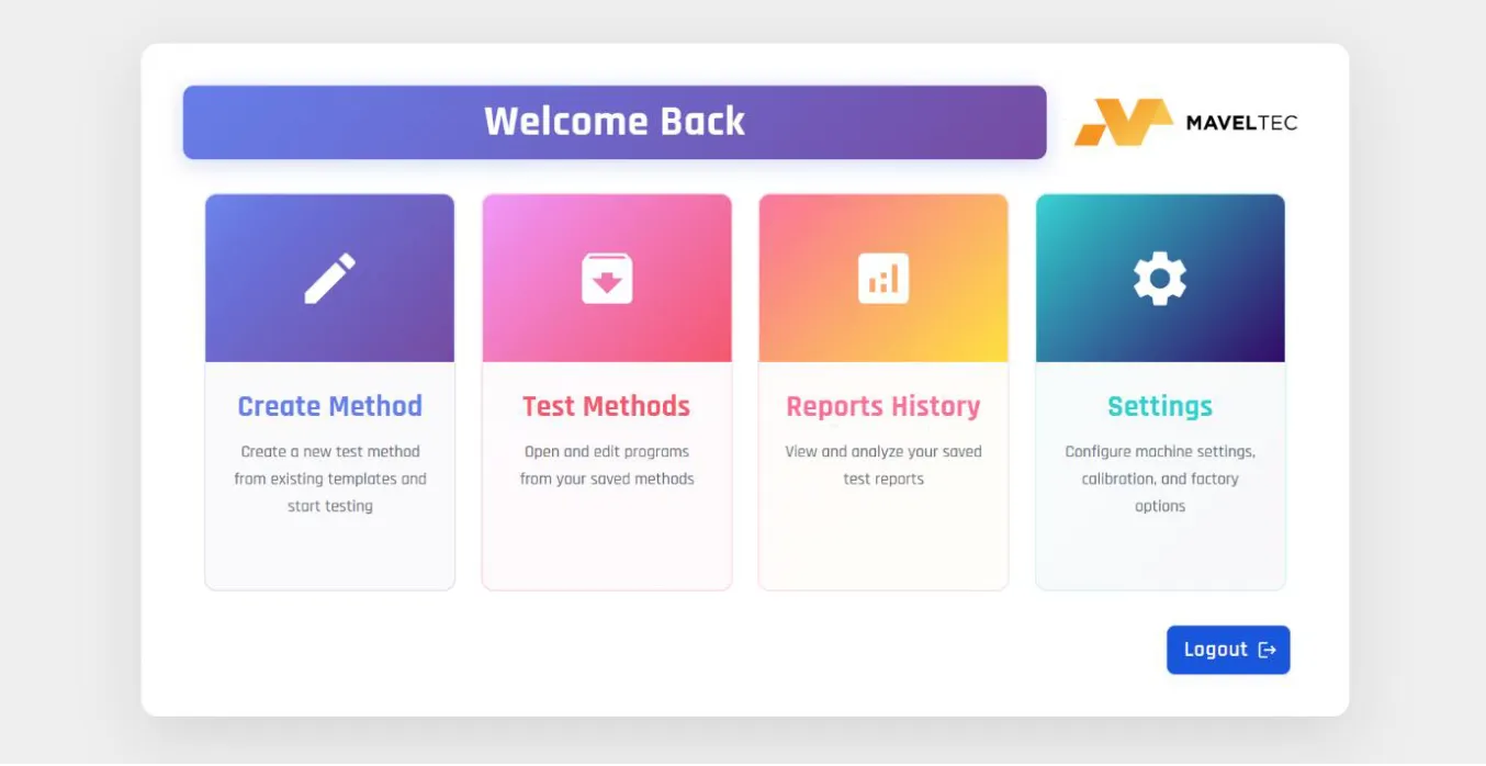 MavelTec UTM software home screen with Create Method, Test Methods, Reports History and Settings